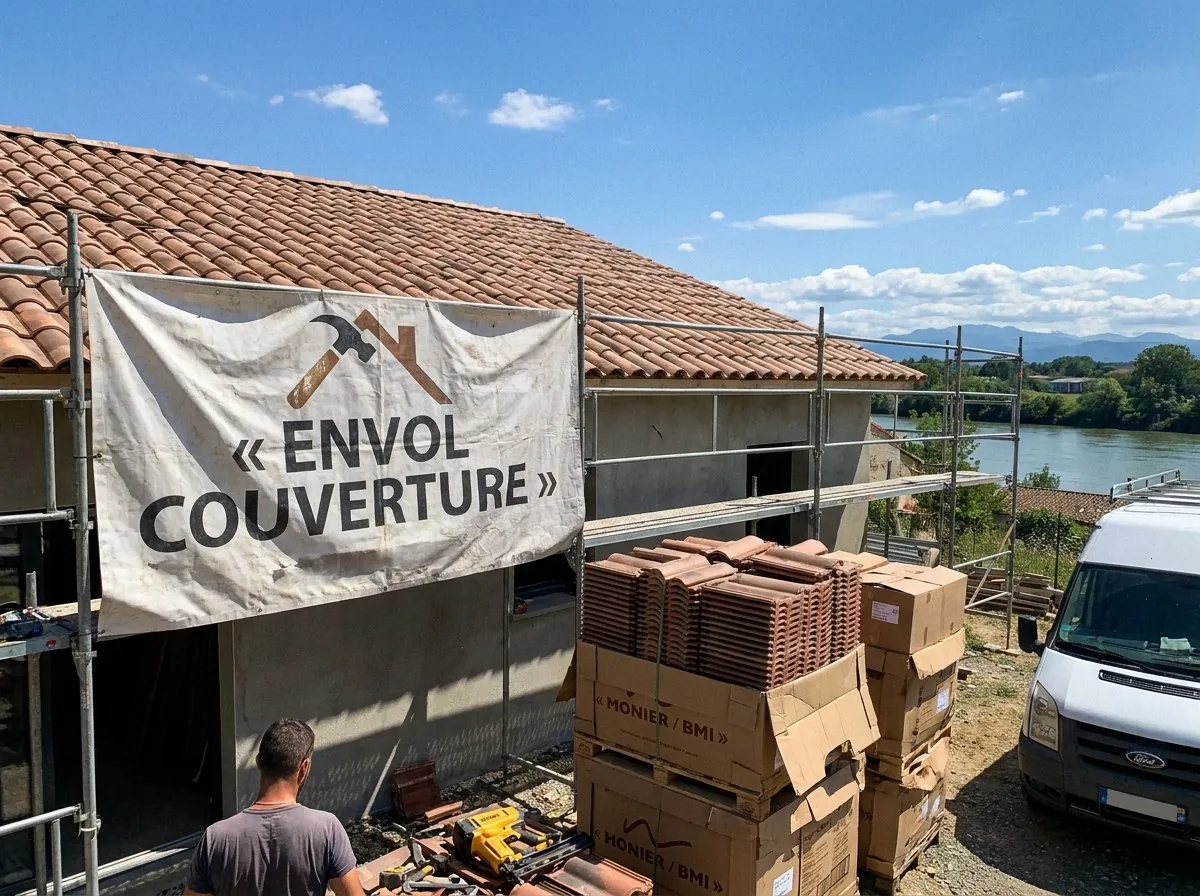 Chantier de couverture Envol Couverture à Muret : bâche au nom de l'entreprise sur l'échafaudage et palettes de tuiles canal neuves, Garonne en contrebas