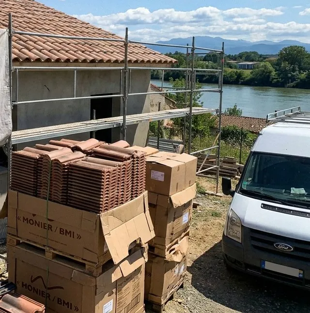 Palettes de tuiles canal neuves livrées sur un chantier de toiture à Muret, Garonne et Pyrénées en arrière-plan